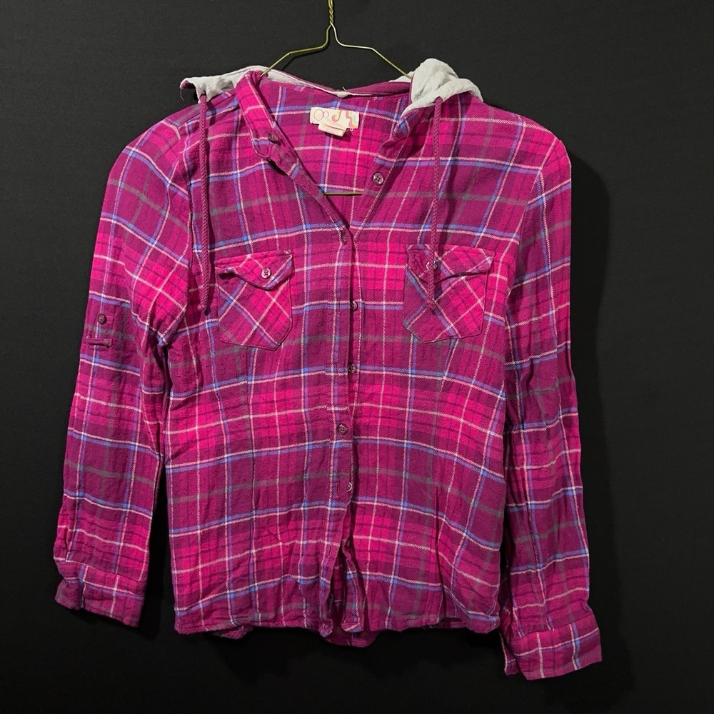 Op Ocean Pacific Women's Small 3/5 Pink & Gray Plaid Lightweight Flannel Shirt‎